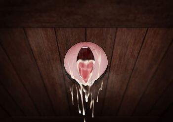 1girl after_fellatio close-up commentary cum cum_in_mouth cum_on_body cum_on_tongue cumdrip english_commentary facial glory_hole indoors jjanda mouth_focus open_mouth original stray_pubic_hair teeth tongue tongue_out upper_teeth_only wooden_wall