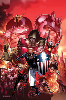 5girls 6+boys armor avengers_(series) bald billy_maximoff black_hair blonde_hair bodysuit bow_(weapon) brother_and_sister brown_hair cape captain_america captain_america_(series) carol_danvers character_request city colored_skin colossus_(x-men) comic_cover commentary cowl cyclops_(x-men) dark-skinned_female dark-skinned_male dark_skin doctor_doom domino_mask english_commentary eye_mask father_and_daughter father_and_son gloves green_hood green_skin hawkeye_(marvel) head-mounted_display headband helmet highres holding holding_bow_(weapon) holding_shield holding_weapon hulkling iron_man iron_man_(series) jim_cheung kate_bishop long_hair magic magneto marvel mask metal_mask midriff mother_and_son ms._marvel multicolored_armor multiple_boys multiple_girls muscular muscular_male official_art pants patriot_(marvel) peter_parker pietro_maximoff power_armor quicksilver_(marvel) red_armor red_cape red_gloves red_helmet red_tiara scarf scott_summers shield short_hair siblings spider-man spider-man_(series) spider_web_print steve_rogers storm_(x-men) superhero_costume third-party_source tony_stark uncle_and_nephew vision_(marvel) weapon western_comics_(style) white_hair white_pants white_scarf wiccan wolverine_(x-men) x-men yellow_armor young_avengers