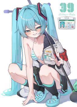 absurdres alternate_costume aqua_eyes armband bikini bikini_top_only black_skirt black_socks blue_hair blue_shoes blush breasts character_name commentary crocs doom_yorusen full_body hair_between_eyes hair_ornament hand_on_ground happy hatsune_miku highres holding holding_microphone_stand id_card jacket jacket_partially_removed long_hair long_sleeves looking_at_viewer microphone microphone_stand pleated_skirt red_armband shoes simple_background single_bare_shoulder skirt small_breasts smile socks squatting striped_bikini striped_clothes swimsuit teeth twintails untranslatable_commentary vocaloid white_background white_jacket