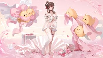 1girl absurdres areola_slip ayase_(a_glimpse_of_the_moon_rabbit)_(azur_lane) ayase_(azur_lane) azur_lane baby_animal barefoot bird box breasts brown_hair chick choker collarbone commentary covering_crotch covering_privates detached_sleeves english_commentary fine_art_parody full_body gift gift_box glint gradient_background hair_ornament hairclip highres jewelry long_hair long_sleeves looking_at_viewer manjuu_(azur_lane) official_alternate_costume official_art parody pink_background raised_eyebrows red_choker red_eyes revealing_clothes ring see-through_clothes single_thighhigh standing sweat tearing_up the_birth_of_venus thighhighs thighs white_thighhighs wide_sleeves x_hair_ornament