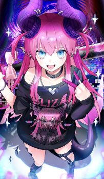 1girl absurdres arm_warmers baseball_bat belt_collar black_arm_warmers black_boots black_collar black_shirt black_socks black_tail blue_eyes blurry boots bracelet chain chain_bracelet collar colored_fingertips commentary_request curled_horns depth_of_field dragon_girl dragon_horns dragon_tail ear_piercing elizabeth_bathory_(fate) elizabeth_bathory_(perfect)_(fate) elizabeth_bathory_(perfect)_(first_ascension)_(fate) fangs fate/grand_order fate_(series) full_body hair_between_eyes hand_up heart_pendant highres holding holding_baseball_bat horn_piercing horns jewelry kneehighs legwear_garter light_blush long_hair looking_at_viewer nail_(hardware) nail_bat open_mouth piercing pink_hair pointy_ears purple_horns ring sakuma_kou shirt short_sleeves single_arm_warmer single_bare_shoulder single_legwear_garter single_off_shoulder smile socks solo sparkle standing t-shirt tail tongue tongue_piercing two_side_up w