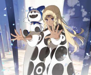 Rule 34 | 1girl, atlus, blonde hair, blush, bracelet, braid, closed mouth, commentary request, creature, creature on shoulder, dark-skinned female, dark skin, demon (megami tensei), eupha (metaphor: refantazio), floating hair, jack frost (megami tensei), jewelry, long hair, magic, metaphor: refantazio, nyoro (nyoronyoro000), on shoulder, poncho, purple eyes, smile, third eye, twin braids