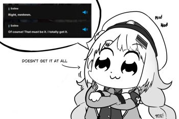 Rule 34 | 1girl, :3, artist name, closed mouth, cowboy shot, crossed arms, english text, game screenshot inset, goddess of victory: nikke, greyscale, hashtag-only commentary, hat, long hair, lunariselsydia, monochrome, necktie, nodding, parody, parody request, smile, soline (frost ticket) (nikke), soline (nikke), solo, style parody