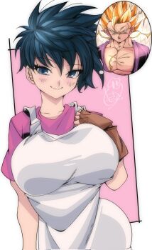 1boy 1girl black_eyes black_hair blonde_hair blush breasts brown_gloves closed_mouth commentary dragon_ball dragonball_z electricity fingerless_gloves gloves highres kinakomochi_(user_vedc2333) large_breasts pink_shirt serious shirt short_hair short_sleeves smile son_gohan speech_bubble thought_bubble vest videl white_vest