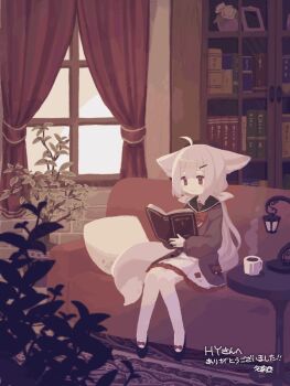 1girl ahoge animal_ear_fluff animal_ears animated animated_gif asymmetrical_legwear bag black_sailor_collar black_shoes book bookshelf bow bowtie braid brown_eyes brown_jacket collar collarbone commission couch cup curtains dress floral_print footwear_bow fox_ears fox_girl fox_tail full_body hair_between_eyes hair_ornament hairclip holding holding_book indoors jacket knees_together_feet_apart large_ears large_tail long_hair long_sleeves low_twintails mug nonaprev on_couch open_book open_clothes open_jacket original plaid_clothes plaid_sleeves plant potted_plant puffy_long_sleeves puffy_sleeves reading red_bow red_eyes red_ribbon ribbon sailor_collar sakurada_shiro_(autumn)_(hy_plus) sakurada_shiro_(hy_plus) shoes short_dress shoulder_bag side_braid signature silhouette single_sock single_thighhigh sitting skeb_commission sleeves_past_wrists smile socks solo tail thank_you thighhighs twintails uneven_legwear very_long_hair white_collar white_dress white_hair white_socks white_thighhighs window