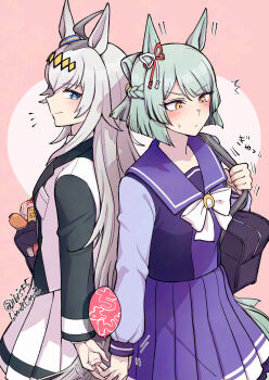 2girls ahoge animal_ears aqua_tail bag blue_eyes blush bow bowtie braid carrot closed_mouth ear_ornament ear_ribbon folded_hair folded_ponytail food fujimasa_march_(umamusume) grey_hair grey_tail hair_between_eyes hair_ornament hairband hi_(ibisf5umauma) highres horse_ears horse_girl horse_tail jacket kasamatsu_tracen_school_uniform long_hair long_sleeves multicolored_hair multicolored_jacket multiple_girls oguri_cap_(umamusume) pleated_skirt purple_sailor_collar purple_serafuku purple_shirt purple_skirt sailor_collar sailor_shirt school_bag school_uniform serafuku shirt short_hair shoulder_bag skirt smile sweat tail tracen_school_uniform two-tone_jacket umamusume umamusume:_cinderella_gray white_bow white_bowtie white_skirt yellow_eyes