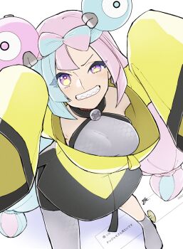 1girl blue_hair bow-shaped_hair breasts character_hair_ornament commentary_request criss-cross_halter fake_hair_bun gen_1_pokemon grey_pantyhose hair_ornament halter_shirt halterneck hexagon_print highres iono_(pokemon) jacket long_hair magnemite medium_breasts mocollie multicolored_hair nintendo oversized_clothes pantyhose pantyhose_under_shorts pink_hair pokemon pokemon_sv sharp_teeth shorts single_leg_pantyhose sleeves_past_fingers sleeves_past_wrists smile solo split-color_hair teeth x_(symbol) yellow_jacket