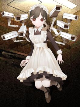 1girl absurdres black_hair black_shoes camera ceiling ceiling_light cross-shaped_pupils empty_eyes expressionless floating highres levitation looking_at_viewer maid maid_headdress original pantyhose red_pupils security_camera shoes short_hair solo static surreal symbol-shaped_pupils test_norma1 white_pantyhose