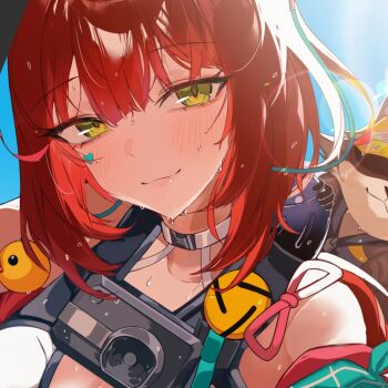 animal_on_back bare_shoulders blue_sky camera camera_around_neck closed_mouth collarbone commentary_request facial_mark green_eyes hair_ornament hearing_aid heart heart_facial_mark kamanosuke_(zenless_zone_zero) looking_at_viewer official_alternate_costume outdoors portrait raccoon red_hair sas_(ls08b) sky smile sphere_hair_ornament tanuki ukinami_yuzuha ukinami_yuzuha_(tanuki_in_broad_daylight) wet wet_hair zenless_zone_zero