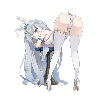 1girl absurdres animal_ears armband ass bar_stool bare_shoulders blue_armband blue_eyes blue_hairband blush breasts embarrassed extra_pupils fake_animal_ears fake_tail female_tyrant_(stella_sora) from_behind grey_hair hair_ornament hairband high_heels highres jewelry key key_necklace koy_(4767269) leaning_forward leotard loli long_hair mole mole_on_crotch necklace open_mouth playboy_bunny pointy_ears rabbit_ears rabbit_tail shoes simple_background small_breasts solo standing stella_sora stool sweat tail thighhighs tyrant_(stella_sora) very_long_hair white_background white_leotard white_shoes white_thighhighs