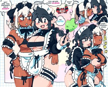 2girls :o abstract_background apron armband black_armband black_bow black_bowtie black_bra black_hair black_nails black_panties black_shirt black_straps black_wrist_cuffs blue_border blue_collar blush border bow bowtie bra braid braided_ponytail breasts breasts_out brown_eyes closed_eyes closed_mouth collar commentary cowboy_shot crab crop_top duster earrings english_commentary english_text fang feather_duster french_kiss frilled_armband frilled_collar frilled_shirt_collar frilled_thigh_strap frills grabbing_another&#039;s_breast grabbing_from_behind grey_eyes grid_border groping hand_on_another&#039;s_crotch hand_on_another&#039;s_thigh hand_on_own_thigh high_ponytail highres holding holding_duster hug hug_from_behind jewelry kiss large_breasts long_hair long_sleeves loose_hair_strand lucia_(scott_malin) maid maid_apron maid_headdress medium_hair multiple_girls multiple_views open_mouth original panties pink_background ponytail raised_eyebrow scott_malin shirt smile speech_bubble sweatdrop thigh_strap tongue tongue_out unconventional_maid underwear white_border white_bow white_hair white_nails white_straps white_wrist_cuffs wrist_cuffs yellow_background yuri