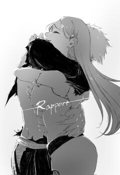 1boy 1girl arm_around_back arm_around_neck bare_shoulders black_kimono bleach breasts closed_eyes commentary_request couple detached_sleeves greyscale hair_behind_ear hair_ornament happy_tears hetero highres hug inoue_orihime japanese_clothes kimono kurosaki_ichigo large_breasts long_hair maru_7300 monochrome short_hair skirt smile snowflake_hair_ornament tears white_background white_skirt