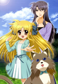 Rule 34 | 00s, 2girls, :d, absurdres, alicia testarossa, blonde hair, blue eyes, blush, brown eyes, cat, cloud, day, dress, grass, grey hair, higa yukari, highres, laughing, rynith, long hair, lyrical nanoha, mahou shoujo lyrical nanoha, mother and daughter, multiple girls, nyantype, official art, open mouth, presea testarossa, purple eyes, ribbon, scan, sky, smile, tree, two side up