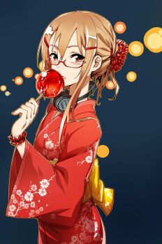 1girl blonde_hair brown_eyes bunbun candy_apple commentary_request floral_print food from_side glasses hair_ornament hair_scrunchie hairclip headphones headphones_around_neck japanese_clothes kimono licking looking_at_viewer original profile red_kimono scrunchie solo upper_body wide_sleeves wrist_cuffs yukata
