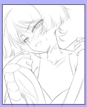 Rule 34 | 1boy, armor, armpit crease, blunt ends, blush, bodysuit, border, bridal gauntlets, cerebrumsomnium, commentary request, covered collarbone, genshin impact, hands up, head tilt, highres, japanese armor, japanese clothes, kimono, kote, looking at viewer, male focus, mandarin collar, middle ring, open clothes, open kimono, portrait, purple border, scaramouche (genshin impact), shoulder peek, solo, sweatdrop, tsurime, undressing, wanderer (genshin impact)