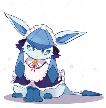 animal_focus animal_hands black_bow blue_eyes blue_fur bow bright_pupils closed_mouth clothed_pokemon frills full_body gen_4_pokemon glaceon glaceon_(tea_party) highres hyrell looking_at_viewer maid_headdress nintendo no_humans pokemon pokemon_(creature) pokemon_unite red_ribbon ribbon simple_background sitting solo two-tone_fur white_background white_bow white_pupils