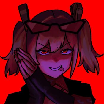 1girl black_gloves black_jacket black_tube_top blonde_hair breasts burnice_white dot_nose evil_eyes evil_smile fingerless_gloves gloves highres jacket looking_at_viewer meme own_hands_together palms_together praying red-tinted_eyewear red_background rubbing_hands_together simple_background smile solo spiked_jacket strapless the_freakin_yui tinted_eyewear tongue tongue_out tube_top twintails zenless_zone_zero zesty_sonic_(meme)