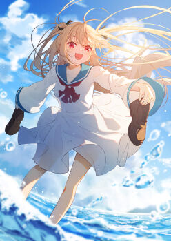 1girl :d ascot atri atri-my_dear_moments- black_ribbon blue_sailor_collar blue_sky blush brown_hair cloud day dress dual_wielding dutch_angle eyelashes feet_out_of_frame floating_clothes floating_hair hair_between_eyes hair_ribbon happy highres holding holding_shoes holding_unworn_clothes leaning_forward loafers long_hair long_sleeves looking_at_viewer ocean open_mouth outdoors red_ascot red_eyes ribbon sailor_collar sailor_dress shoes short_dress sidelighting sky smile solo standing teeth two_side_up unworn_shoes upper_teeth_only very_long_hair water water_drop white_dress wide_sleeves wind yuzuha_wasa