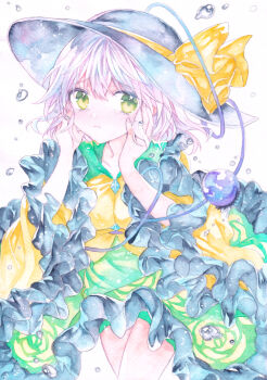 1girl black_hat buttons collar collarbone cowboy_shot diamond_button floral_print floral_print_skirt frilled_collar frilled_skirt frilled_sleeves frills green_collar green_eyes green_skirt grey_hair hands_on_own_cheeks hands_on_own_face hat komeiji_koishi light_blush light_frown long_sleeves looking_at_viewer misoshiru_(user_srue4577) print_skirt ribbon shirt skirt solo tearing_up thighs third_eye touhou traditional_media water_drop white_background yellow_ribbon yellow_shirt