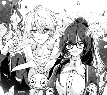 1boy 1girl artist_name balloon blunt_bangs bow character_doll chinese_commentary closed_mouth collarbone commission couple doll floral_background glasses hair_between_eyes hair_bow hair_over_shoulder happy hetero high_ponytail highres homu_(honkai_impact) honkai_(series) honkai_impact_3rd hood hood_down hoodie jacket kevin_kaslana light_smile long_hair long_sleeves looking_at_another looking_down looking_to_the_side looking_up mei_(honkai_impact) monochrome official_alternate_costume open_clothes open_jacket open_mouth ponytail shade short_hair standing upper_body yunzhongqi
