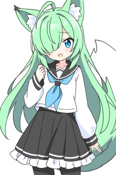 1girl ahoge animal_ear_fluff animal_ears black_pantyhose black_sailor_collar black_skirt blue_eyes blue_neckerchief blush collarbone commentary_request cowboy_shot dot_nose fox_ears fox_girl fox_tail frilled_skirt frills green-haired_fox_girl_(kotatsu-mazoku) green_hair hair_intakes hair_over_one_eye hand_up highres kotatsu-mazoku long_hair long_sleeves looking_at_viewer neckerchief open_mouth original pantyhose pleated_skirt sailor_collar school_uniform serafuku shirt sidelocks simple_background skirt solo tail white_background white_shirt