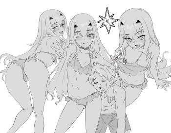 1boy 1girl absurdres ass bare_shoulders bikini blush breasts censored clothes_pull das_(dan_dan) fate/grand_order fate_(series) forked_eyebrows fujimaru_ritsuka_(male) greyscale highres hunched_over long_hair looking_at_viewer looking_back melusine_(fate) monochrome multiple_views navel novelty_censor one_eye_closed open_mouth short_hair shorts sidelocks small_breasts smile swimsuit thighs tongue tongue_out v