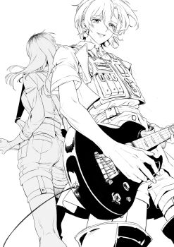 2girls bass_guitar cable electric_guitar garter_straps gibson_sg girls_band_cry guitar highres instrument jacket kawaragi_momoka load_bearing_vest long_hair looking_at_viewer maldaliza0818 multicolored_hair multiple_girls open_mouth roots_(hair) rupa_(girls_band_cry) short_sleeves shorts simple_background teeth thighhighs upper_teeth_only white_background