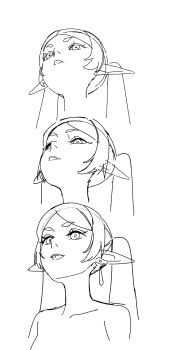 1girl bare_shoulders earrings elf frieren from_behind highres jewelry kamosuto meme multiple_views open_mouth parted_bangs parted_lips pointy_ears short_eyebrows sidelocks sketch smile solo sousou_no_frieren thick_eyebrows twintails upper_body upward_angle_frieren_drawing_(meme) white_background