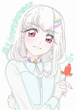 1girl birthday blonde_hair blunt_bangs bob_cut choker closed_mouth crossed_arms food green_shirt hair_ornament hairpin happy_birthday heart heart-shaped_pupils highres holding holding_food idol kimi_to_idol_precure long_sleeves looking_at_viewer mature_female octopus_sausage_earrings pink_eyes precure purirun_(civilian)_(precure) purirun_(precure) ribbon_choker sausage see-through_clothes see-through_shirt see-through_sleeves shirt short_hair solo solo_focus sugimoto_miho symbol-shaped_pupils upper_body white_background