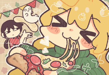 >_< 2girls :3 alternate_costume black_eyes black_hair blonde_hair chito_(shoujo_shuumatsu_ryokou) closed_mouth food green_sweater hishimatope holding holding_food holding_pizza long_sleeves low_twintails medium_hair multiple_girls nuko_(shoujo_shuumatsu_ryokou) pizza pizza_slice short_twintails shoujo_shuumatsu_ryokou sweater turtleneck turtleneck_sweater twintails x3 yuuri_(shoujo_shuumatsu_ryokou)