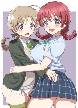 2girls :d aqua_eyes ass black_jacket black_skirt blazer blue_shirt blush border braid breasts brown_cardigan brown_hair cardigan collared_shirt crossover emma_verde freckles hug jacket kin-san_(sasuraiga) large_breasts love_live! love_live!_nijigasaki_high_school_idol_club lynette_bishop multiple_girls nijigasaki_school_uniform open_mouth panties purple_eyes school_uniform shirt skirt smile strike_witches striped_clothes striped_thighhighs teeth thighhighs thighs twin_braids underwear upper_teeth_only white_border white_panties white_shirt world_witches_series