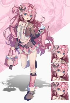 0_o_s_k 1girl :d :o asymmetrical_legwear bag blue_eyes boots brown_boots brown_jacket cellphone closed_mouth commentary commission frilled_skirt frills full_body fur-trimmed_boots fur_trim hair_between_eyes highres holding holding_bag holding_phone jacket long_hair long_sleeves looking_at_viewer mismatched_legwear multiple_expressions off_shoulder open_clothes open_jacket open_mouth original phone pink_hair pink_skirt pink_socks plaid_clothes plaid_skirt polka_dot polka_dot_thighhighs shirt simple_background single_bare_shoulder single_sock single_thighhigh skirt smartphone smile socks standing standing_on_one_leg thighhighs uneven_legwear white_background white_shirt white_thighhighs zoom_layer