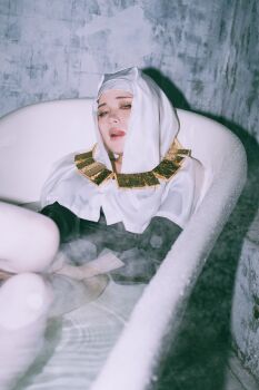 1girl 5y_mmo absurdres black_dress buddhist_nun cosplay cosplay_photo curvy dress fate/extra fate/extra_ccc fate/grand_order fate_(series) gold_necklace highres jewelry mature_female necklace photo_(medium) sessyoin_kiara solo thighhighs white_coif white_thighhighs