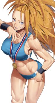 1girl abs absurdres ass bandaid bandaid_on_cheek bandaid_on_face bare_shoulders blue_eyes breasts brown_hair butt_crack captain_mizuki collarbone female_focus gold_medal hand_on_own_hip highres large_breasts long_hair muscular muscular_female one-punch_man simple_background white_background yoshio_(55level)