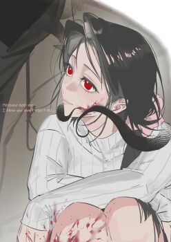 Rule 34 | 1boy, 1girl, absurdres, adashino adami, black hair, blood, blood on face, blood on hands, chinese commentary, coat, commentary request, english text, grey sweater, hair over shoulder, highres, homicipher, knees up, long hair, mr. hood, red eyes, simple background, sitting, sweater, tentacles, turtleneck, turtleneck sweater, white background, yu lan