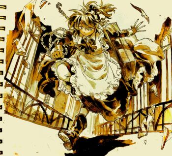 1girl apron boots briefcase chain closed_mouth collar commentary expressionless frills full_body glass_shards hair_between_eyes highres holding holding_chain holding_knife kampuzu kitchen_knife knife limbus_company looking_at_viewer maid maid_apron maid_headdress medium_hair nelly_(project_moon) project_moon running sepia shadow shards solo throwing_knife traditional_media weapon