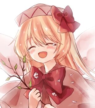 1girl ^_^ blonde_hair blush bow bowtie branch brown_capelet brown_hat capelet cherry_blossoms closed_eyes commentary fairy fairy_wings falling_petals happy_tears hat highres holding holding_branch lily_white long_hair petals pudding_(skymint_028) red_bow red_bowtie smile solo straight_hair tears touhou upper_body very_long_hair wings