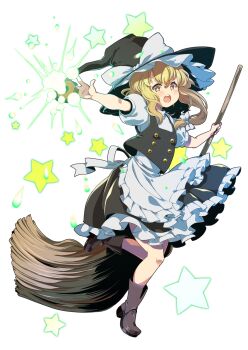 1girl apron black_hat black_vest blonde_hair boots bow broom brown_boots frilled_skirt frills full_body game_cg hair_bow hakurei_frontier_spell_strive hat hat_bow highres holding holding_broom inagata kirisame_marisa long_hair mini-hakkero official_art puffy_short_sleeves puffy_sleeves short_sleeves skirt solo star_(symbol) third-party_source touhou transparent_background vest waist_apron white_apron white_bow witch_hat yellow_eyes