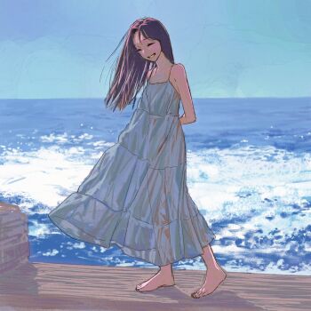 1girl arm_behind_back bare_shoulders barefoot blue_sky breasts closed_eyes commentary dini_illust dress full_body highres horizon long_hair ocean original see-through_clothes see-through_dress see-through_silhouette sky small_breasts smile solo spaghetti_strap standing sundress symbol-only_commentary toes white_dress