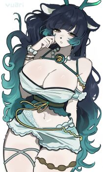1girl animal_ears animal_nose antlers artist_name bare_shoulders black_hair breasts cleavage commentary deer_antlers deer_ears deer_girl furry furry_female gradient_hair green_hair highres horns large_breasts long_hair looking_at_viewer multicolored_hair navel original parted_lips simple_background solo thick_thighs thighs two-tone_hair untranslatable_commentary valleedolla wavy_hair white_background white_fur yellow_eyes