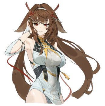 1girl absurdres armlet armpits breasts brown_hair china_dress chinese_clothes clover_hair_ornament covered_navel dress droopy_ears esnowg hair_ornament hand_up headband highres jewelry large_breasts light_smile long_hair looking_at_viewer red_eyes red_ribbon ribbon see-through_clothes sleeveless tassel very_long_hair white_background ye_shunguang zenless_zone_zero