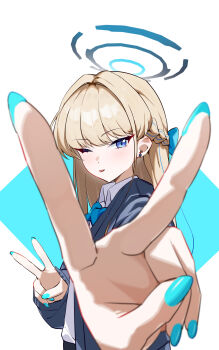 1girl :p ;p absurdres blonde_hair blue_archive blue_bow blue_bowtie blue_cardigan blue_eyes blue_halo blue_streaks bow bowtie braid cardigan chinese_commentary commentary_request double_v half_up_braid halo highres long_hair looking_at_viewer multicolored_hair official_alternate_costume one_eye_closed school_uniform shanqianqian_377 shirt solo streaked_hair toki_(blue_archive) toki_(school_uniform)_(blue_archive) tongue tongue_out upper_body v white_shirt