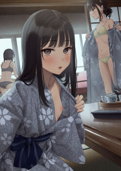 3girls ass black_bra black_hair black_panties blush bow bow_bra bra breasts controller cup green_bra green_panties grey_kimono highres indoors japanese_clothes kimono long_hair long_sleeves looking_at_viewer low_twintails multiple_girls navel nipples open_clothes open_kimono open_mouth original panties plaid_bra plaid_clothes plaid_panties print_kimono remote_control selfie short_hair shouji sitting sliding_doors small_breasts solo_focus standing stomach thighs twintails underwear underwear_only undressing v wide_sleeves yukata yukishima_momo