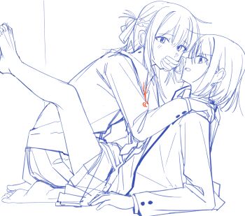 2girls barefoot between_legs blush braid commentary_request covering_another&#039;s_mouth haidao_mao half_up_braid hand_on_another&#039;s_shoulder highres long_hair medium_hair miyagi_shiori monochrome multiple_girls open_mouth pleated_skirt school_uniform sendai_hazuki shuuniichido_classmate_wo_kau_hanashi skirt spot_color yuri