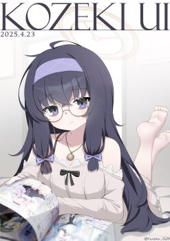 1girl 2025 absurdres ahoge alternate_costume bags_under_eyes bare_shoulders barefoot black_hair blue_archive blurry blurry_background book bow brown_halo character_name closed_mouth collarbone commentary dated feet feet_up frilled_pajamas frills full_body glasses grey_nightgown grey_pajamas hair_bow hairband halo highres indoors jewelry long_hair looking_at_viewer lying nightgown off-shoulder_pajamas off_shoulder on_bed on_stomach open_book pajamas pendant purple_bow purple_eyes purple_hairband reading relaxing round_eyewear sidelocks smile soles solo the_pose toes twitter_username ui_(blue_archive) umou_(may65879) very_long_hair
