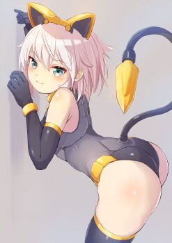 Rule 34 | 1girl, 30 minutes sisters, :3, against wall, animal ears, aqua eyes, armored leotard, ass, black gloves, black leotard, blush, cat ears, closed mouth, commentary request, elbow gloves, from side, gloves, grey background, highres, leotard, looking at viewer, mechanical ears, mechanical tail, pariya 0001, rishetta (30ms), simple background, tail, thighhighs, white hair, yellow trim