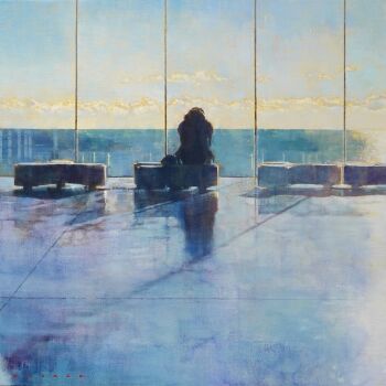 1girl cloud cloudy_sky commentary_request couch day highres indoors kazuho_iwamoto morning oil_painting_(medium) on_couch original painting_(medium) shadow sitting sky solo traditional_media water window window_shadow