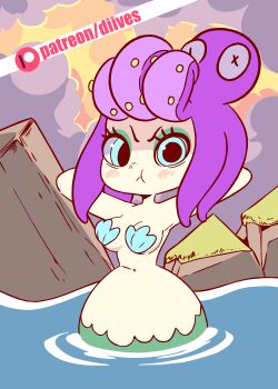 1girl animated animated_gif armpits arms_behind_head arms_up bad_id bad_tumblr_id bikini blue_eyes blush breasts cala_maria_(cuphead) cleavage cloud cuphead_(game) diives female_focus looking_at_viewer medium_breasts mermaid monster_girl navel ocean partially_submerged purple_hair shell shell_bikini short_hair sky solo stomach tentacle_hair tentacles water x_x