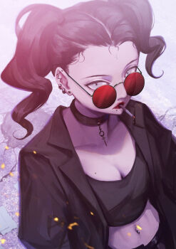 1girl barbell_piercing black-framed_eyewear black_choker black_hair black_jacket breasts choker cigarette commentary doloyume ear_piercing english_commentary face_piercing grey_eyes highres jacket medium_hair mole mole_on_breast navel_piercing open_clothes open_jacket original piercing red-tinted_eyewear red_lips solo sunglasses tinted_eyewear twintails