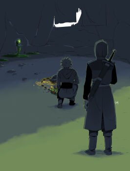 Rule 34 | 2boys, alternate universe, boots, bouquet, camus (dq11), cave, commentary request, cropped shirt, dragon quest, dragon quest xi, facing away, flower, from behind, grave, hand tattoo, hero (dq11), highres, kamei (yokoshima-ko), limited palette, male focus, medium hair, multiple boys, on one knee, purple flower, red flower, rock, sash, short hair, squatting, sword, sword on back, tattoo, tunic, weapon, weapon on back, yellow flower